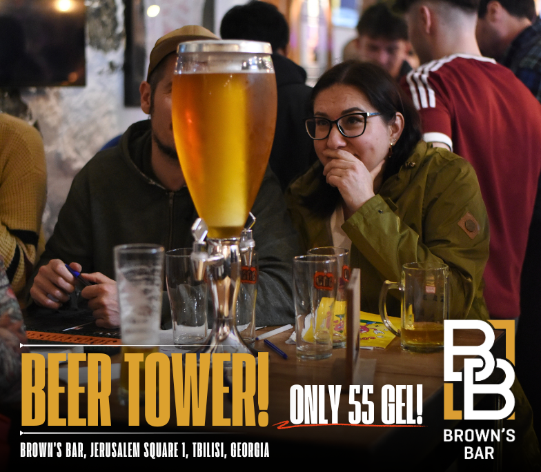 The only beer tower in Tbilisi at Brown's Bar Tbilisi a proper lager Zedazeni Beer tower